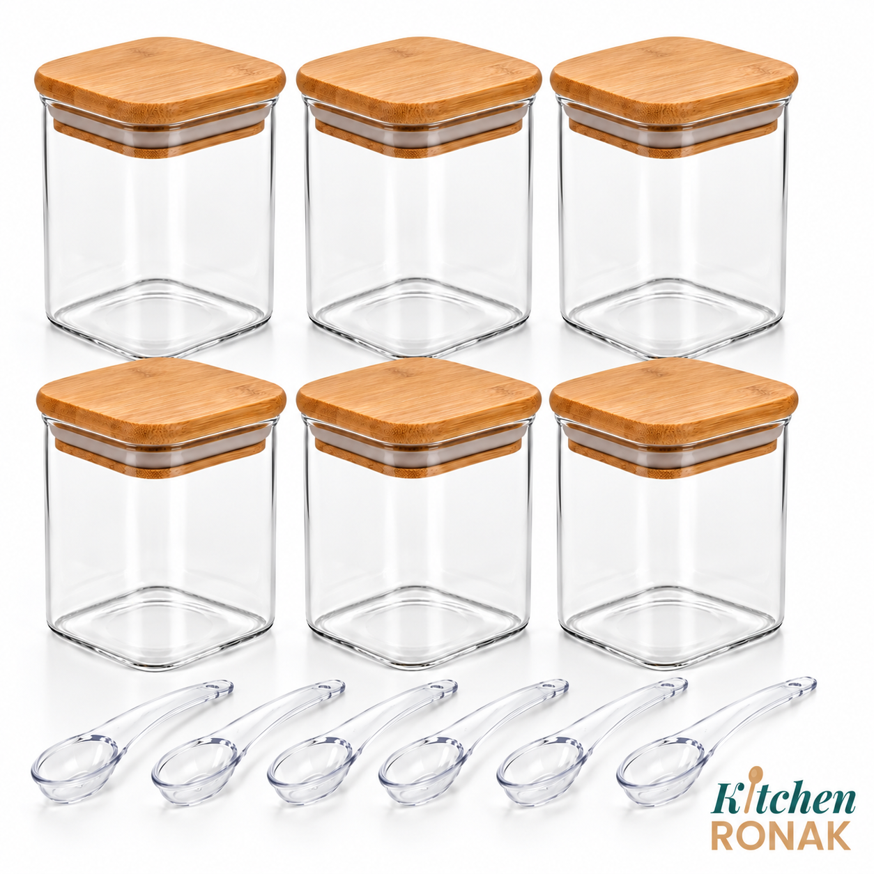 270 ml Acrylic Spice Jar with Spoon and Wooden Lid – Set of 6